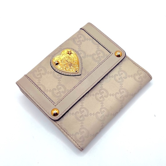 Authentic GUCCI GG Embossed Grey Leather x Gold Compact Wallet - Picture 1 of 12